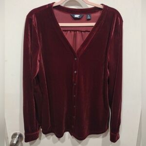 Lands' End Women's Berry Velour V-Neck Button Down Top Sz L (14-16) Career Event